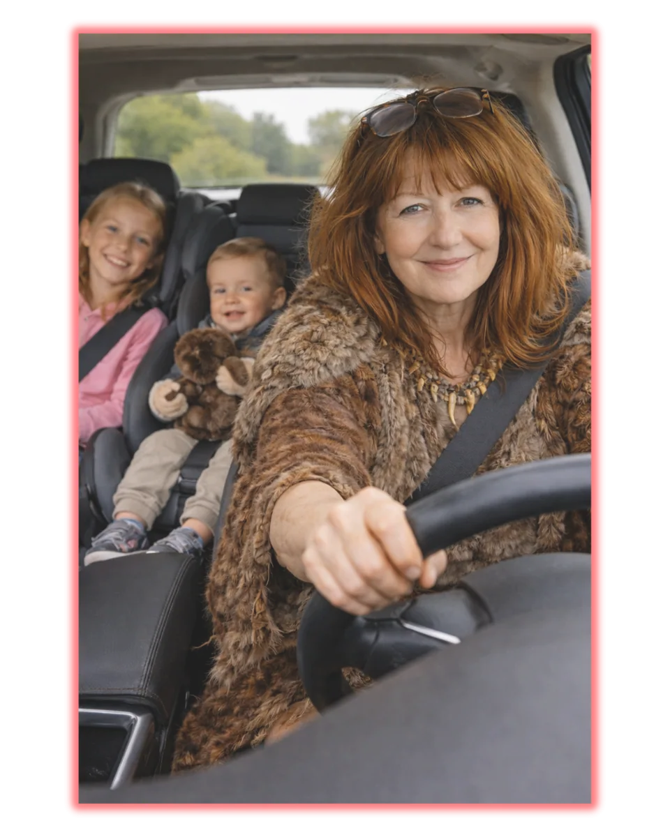 Im Auto mit den Kindern auf dem Rücksitz