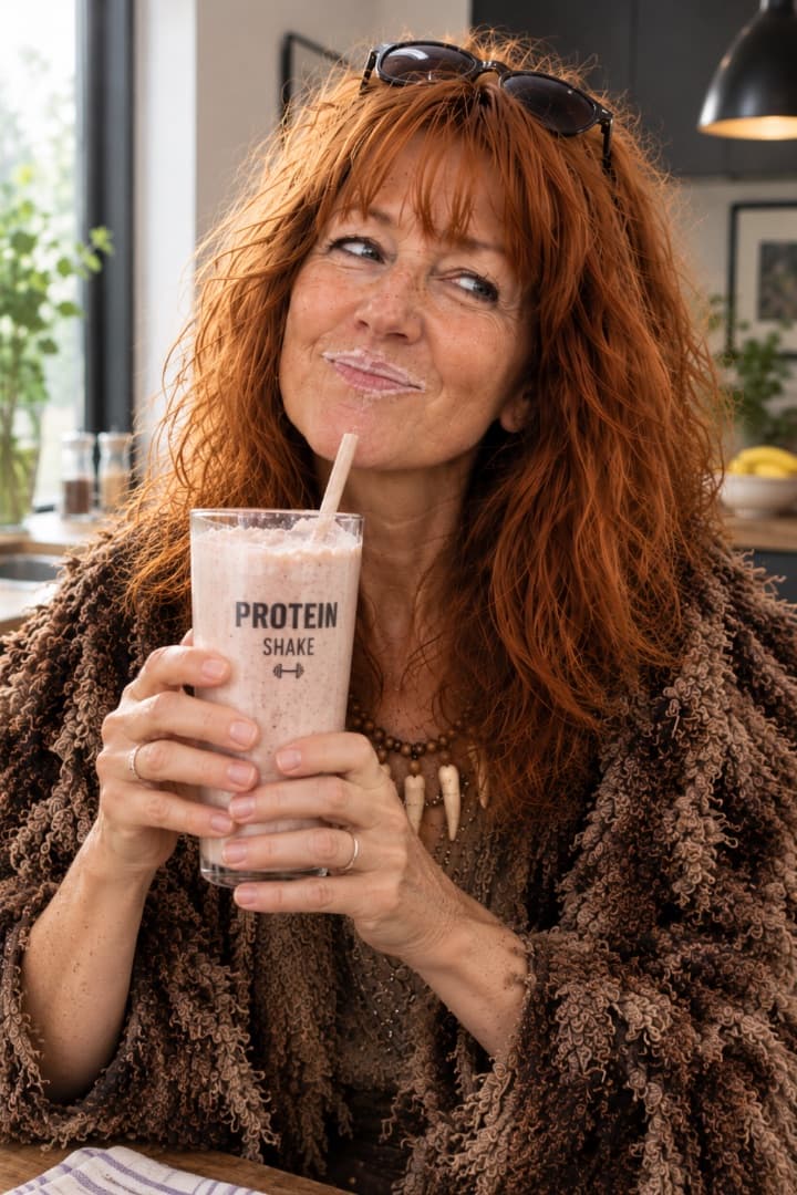 Finde den Fehler! Der Proteinshake. Aussen steht „PROTEIN SHAKE", innen steckt, was normale Mahlzeiten schon längst liefern. Ihr Steinzeitkopf liest „mehr Muskeln" – die Linse im Regal liest das genauso.